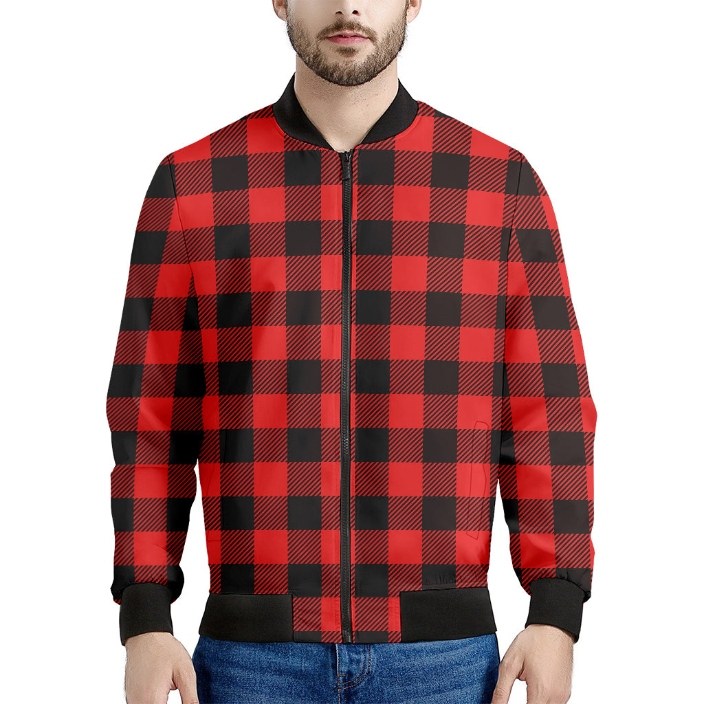 Hot Red Buffalo Plaid Print Men's Bomber Jacket