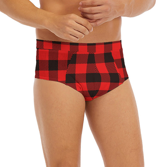 Hot Red Buffalo Plaid Print Men's Briefs