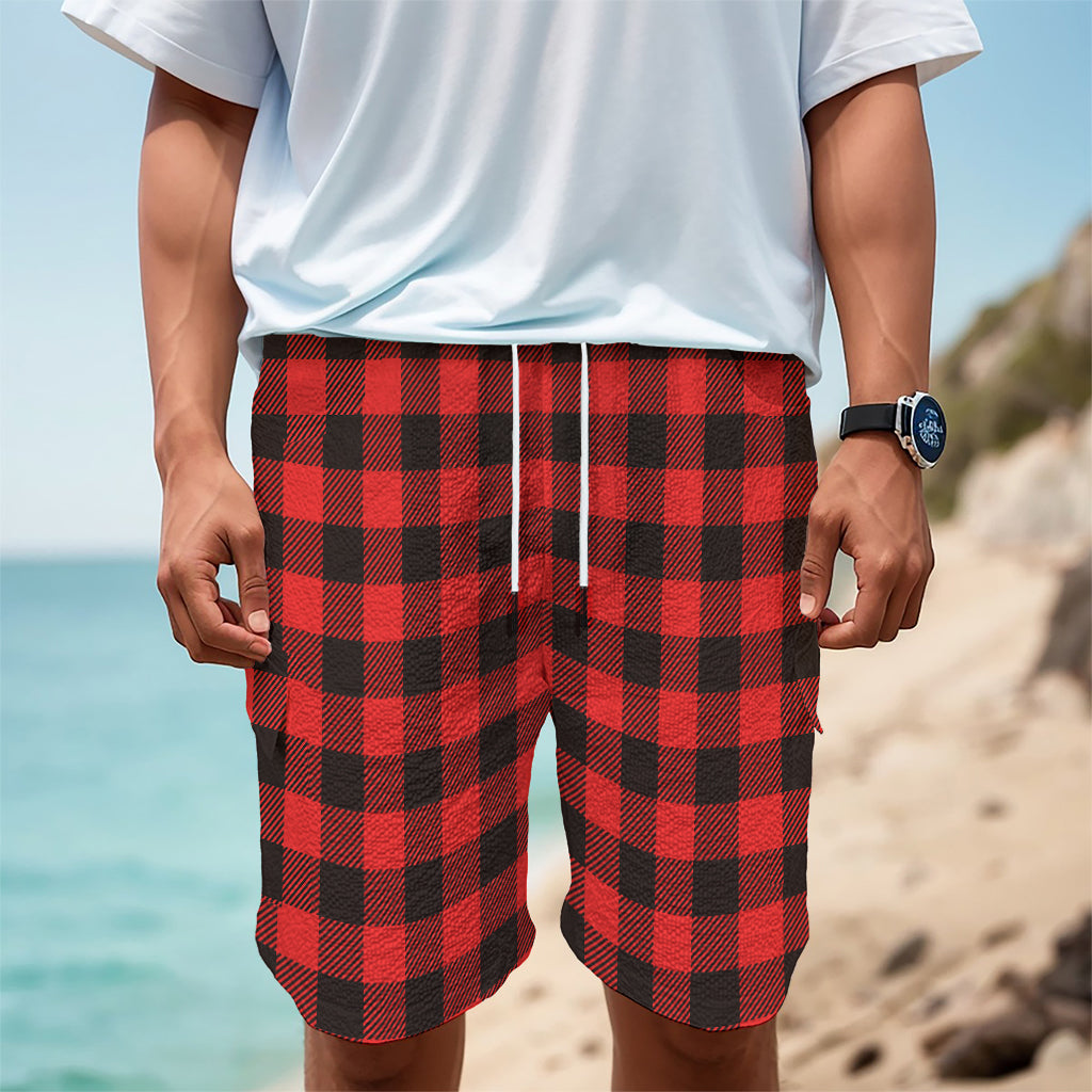 Hot Red Buffalo Plaid Print Men's Cargo Shorts