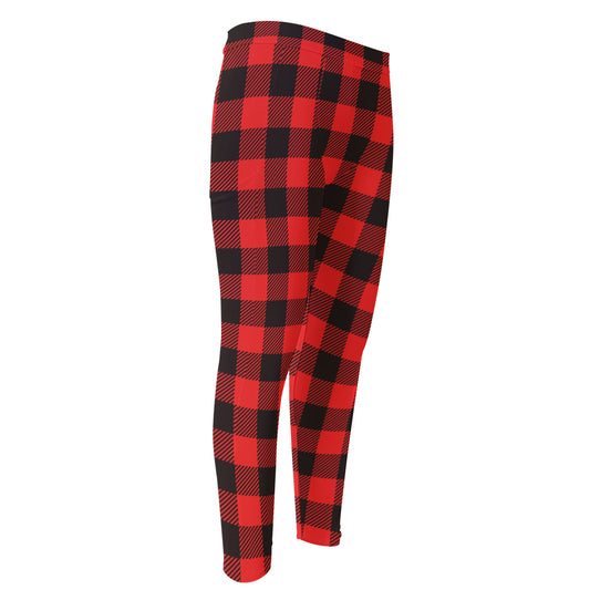 Hot Red Buffalo Plaid Print Men's Compression Pants