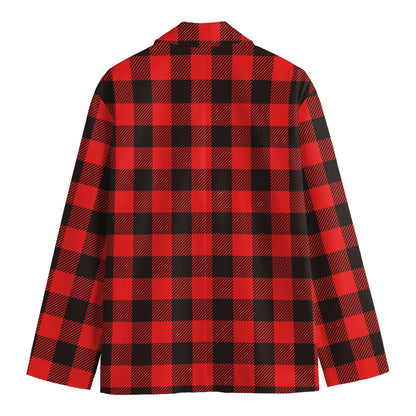 Hot Red Buffalo Plaid Print Men's Cotton Blazer