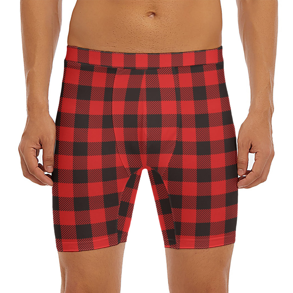 Hot Red Buffalo Plaid Print Men's Long Boxer Briefs
