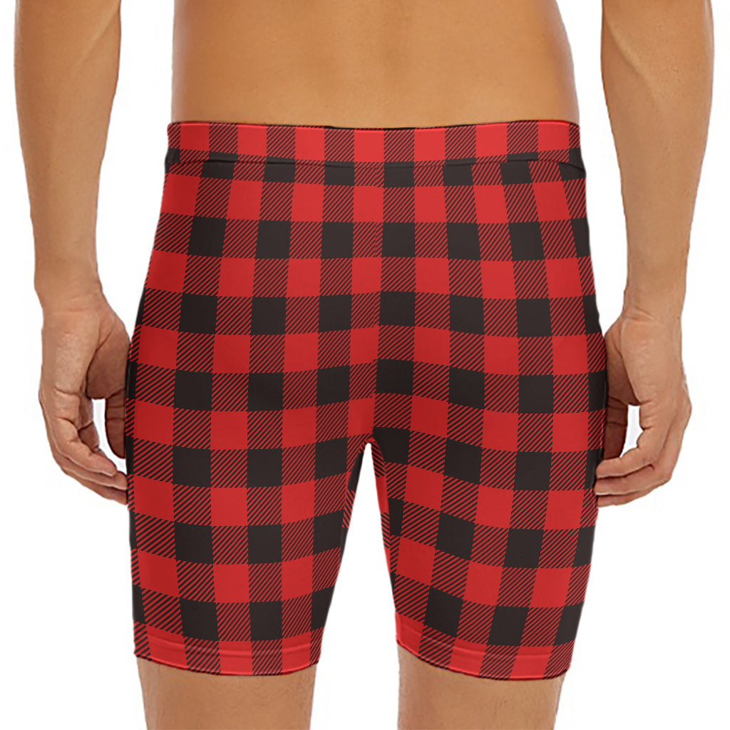 Hot Red Buffalo Plaid Print Men's Long Boxer Briefs