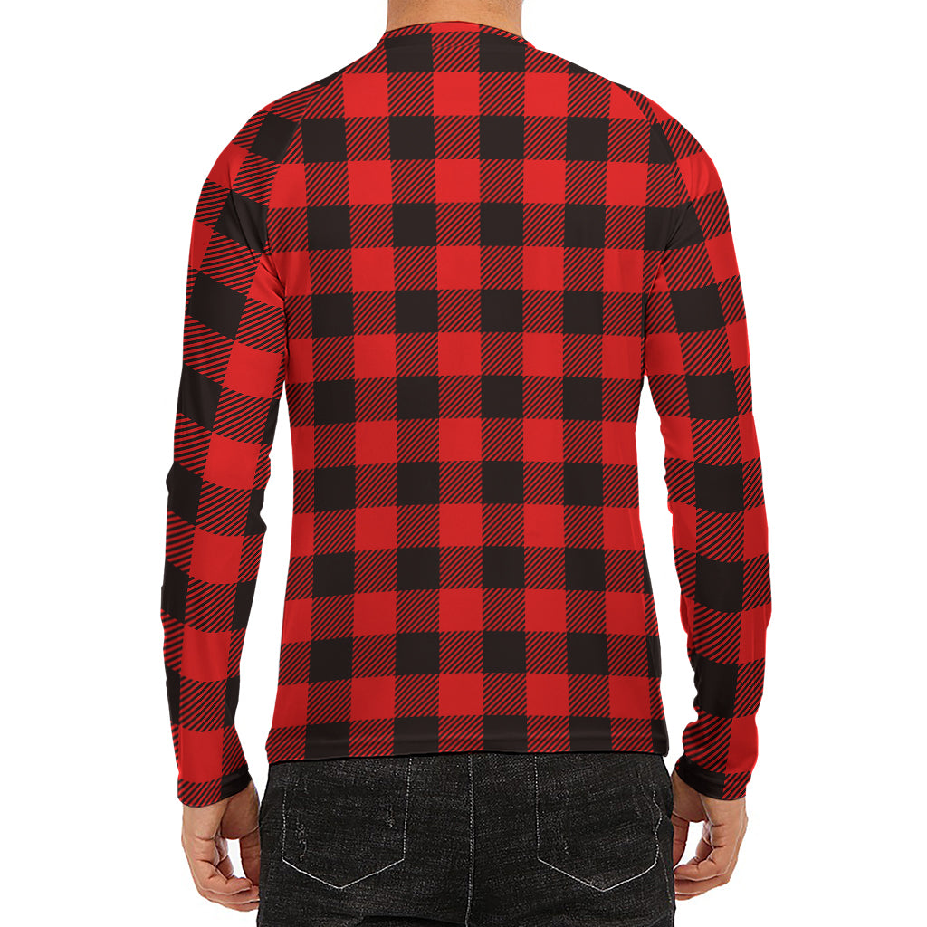 Hot Red Buffalo Plaid Print Men's Long Sleeve Rash Guard