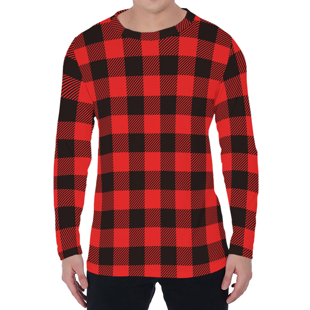 Hot Red Buffalo Plaid Print Men's Long Sleeve T-Shirt