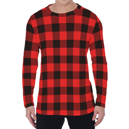 Hot Red Buffalo Plaid Print Men's Long Sleeve T-Shirt