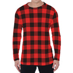 Hot Red Buffalo Plaid Print Men's Long Sleeve T-Shirt