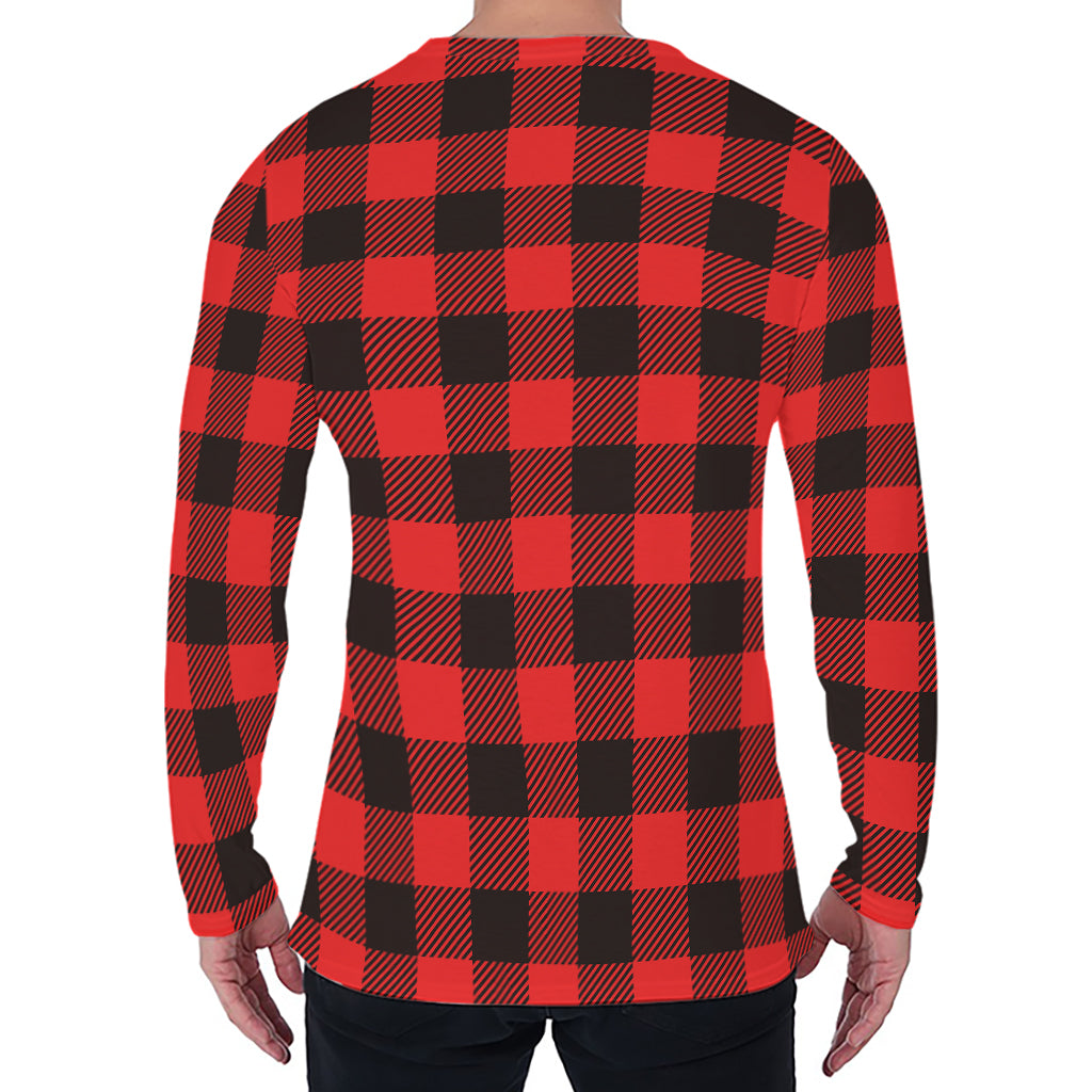 Hot Red Buffalo Plaid Print Men's Long Sleeve T-Shirt