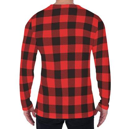 Hot Red Buffalo Plaid Print Men's Long Sleeve T-Shirt
