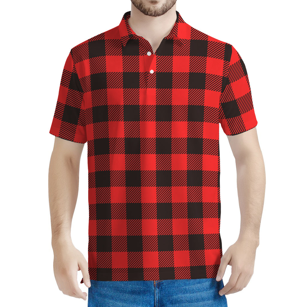 Hot Red Buffalo Plaid Print Men's Polo Shirt