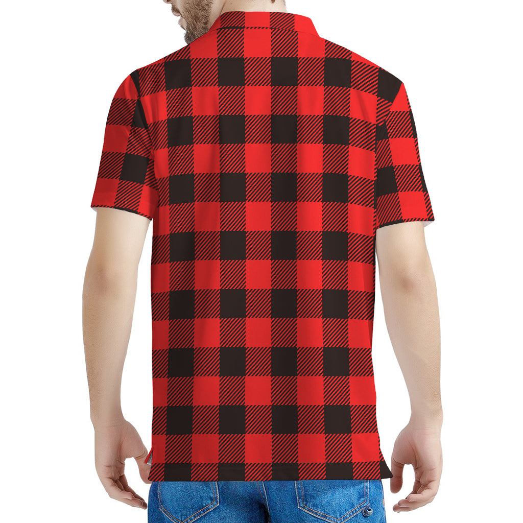 Hot Red Buffalo Plaid Print Men's Polo Shirt