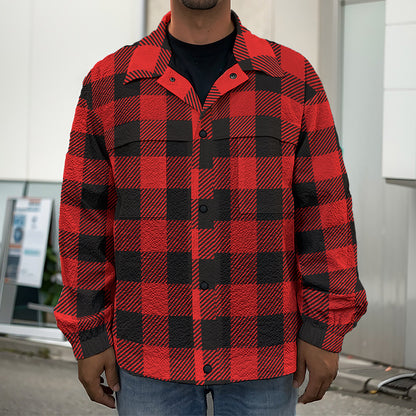 Hot Red Buffalo Plaid Print Men's Shirt Jacket