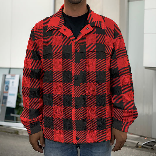 Hot Red Buffalo Plaid Print Men's Shirt Jacket