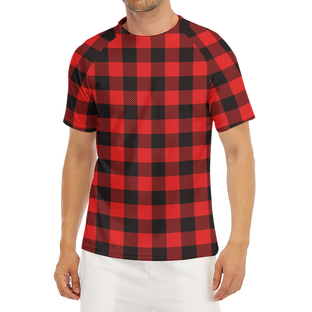 Hot Red Buffalo Plaid Print Men's Short Sleeve Rash Guard