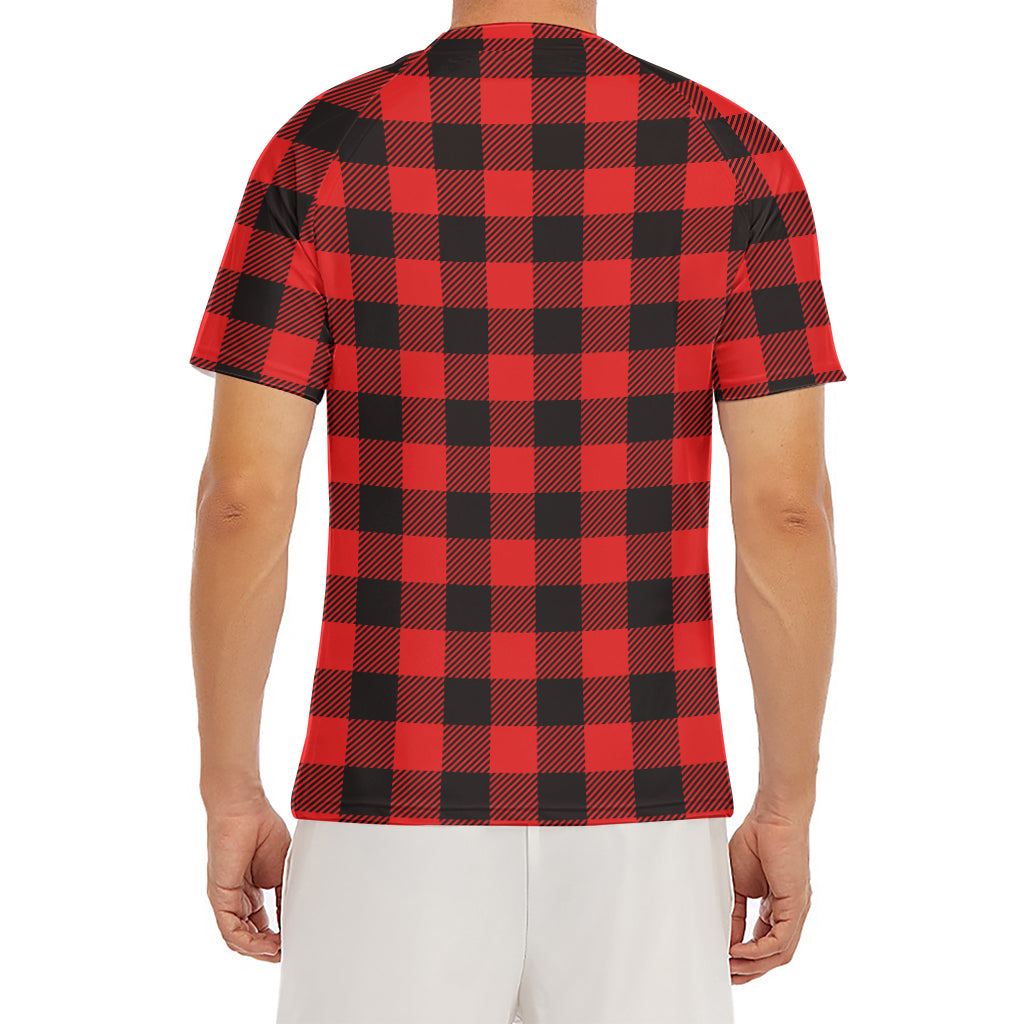 Hot Red Buffalo Plaid Print Men's Short Sleeve Rash Guard