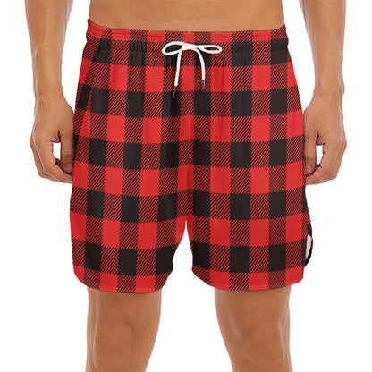 Hot Red Buffalo Plaid Print Men's Split Running Shorts
