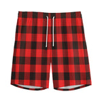 Hot Red Buffalo Plaid Print Men's Sports Shorts
