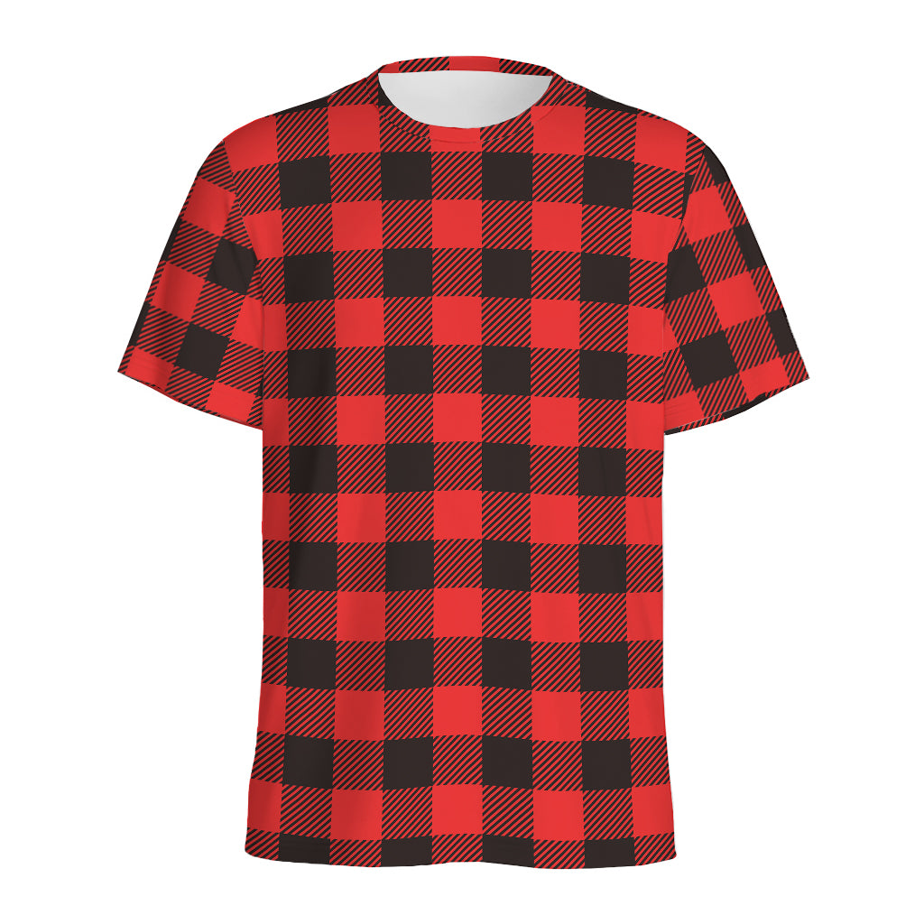 Hot Red Buffalo Plaid Print Men's Sports T-Shirt