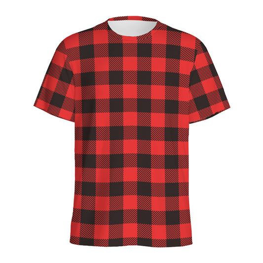 Hot Red Buffalo Plaid Print Men's Sports T-Shirt