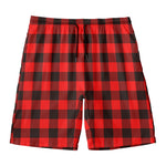 Hot Red Buffalo Plaid Print Men's Swim Trunks