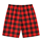 Hot Red Buffalo Plaid Print Men's Swim Trunks