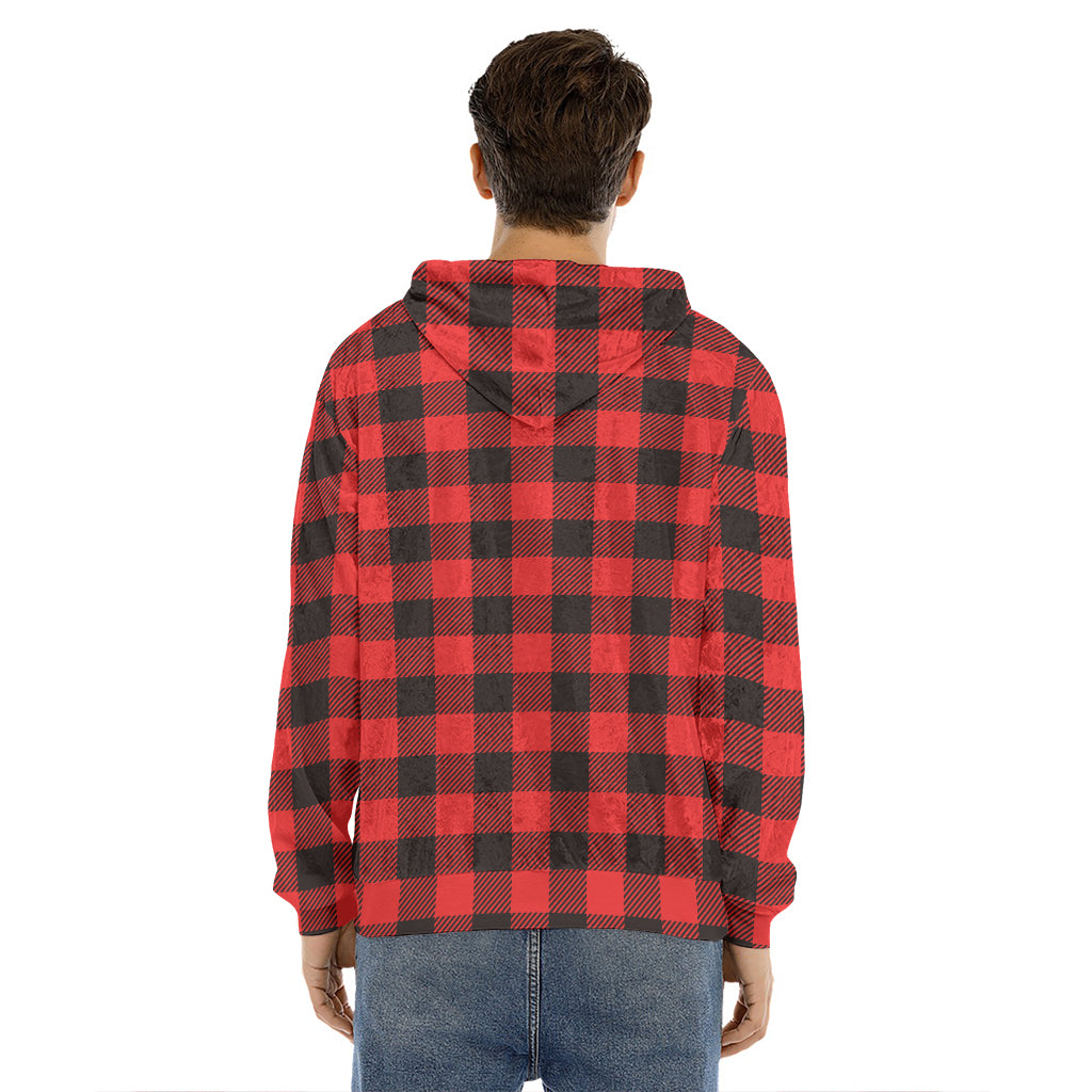 Hot Red Buffalo Plaid Print Men's Velvet Pullover Hoodie