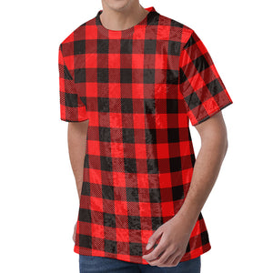 Hot Red Buffalo Plaid Print Men's Velvet T-Shirt