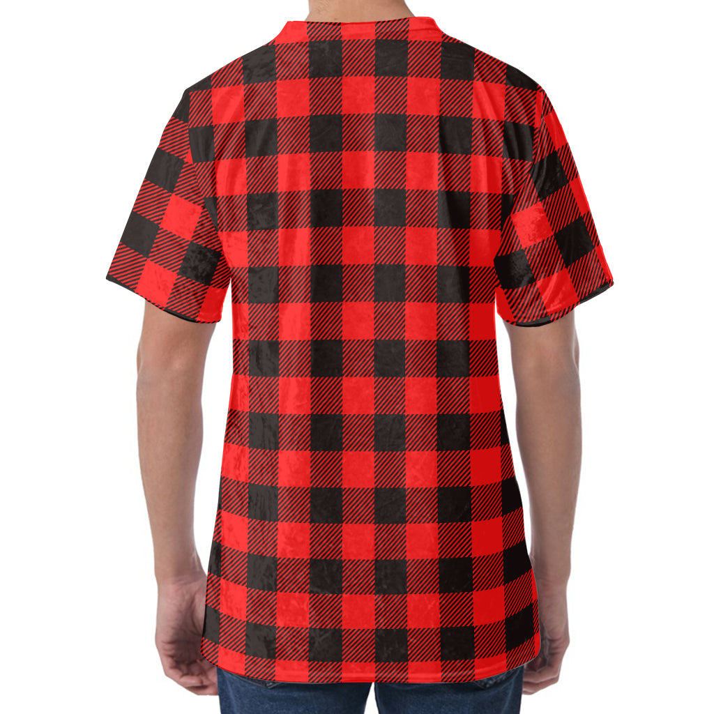 Hot Red Buffalo Plaid Print Men's Velvet T-Shirt