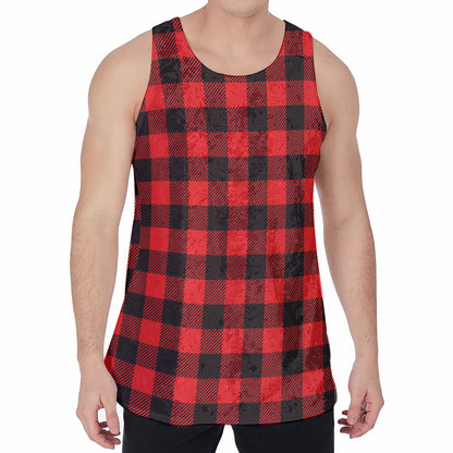 Hot Red Buffalo Plaid Print Men's Velvet Tank Top