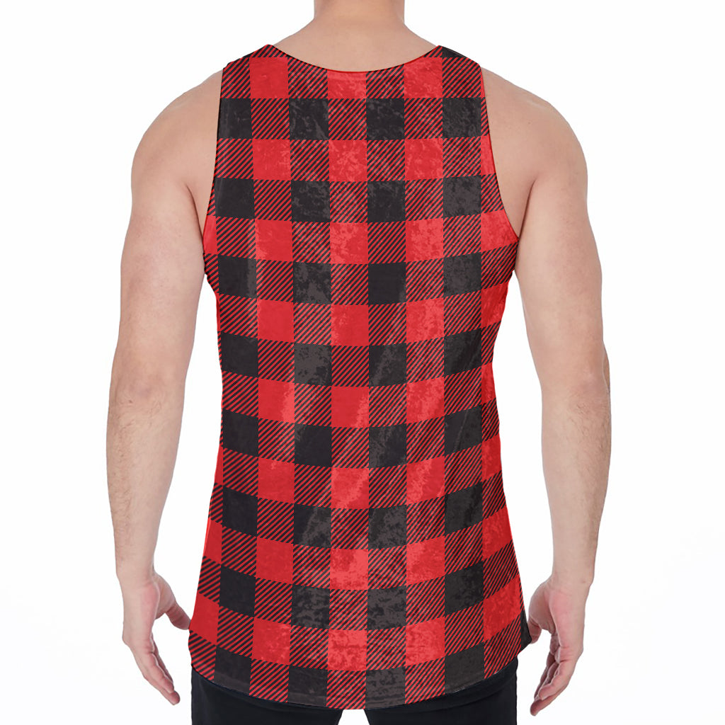 Hot Red Buffalo Plaid Print Men's Velvet Tank Top