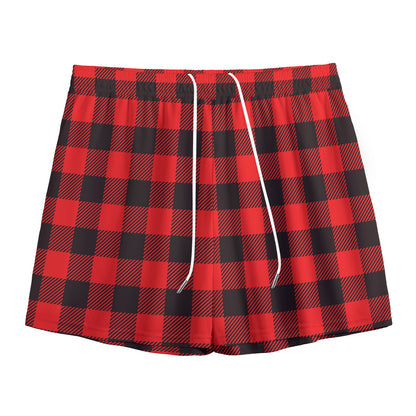 Hot Red Buffalo Plaid Print Mesh Shorts