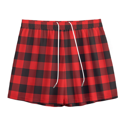 Hot Red Buffalo Plaid Print Mesh Shorts