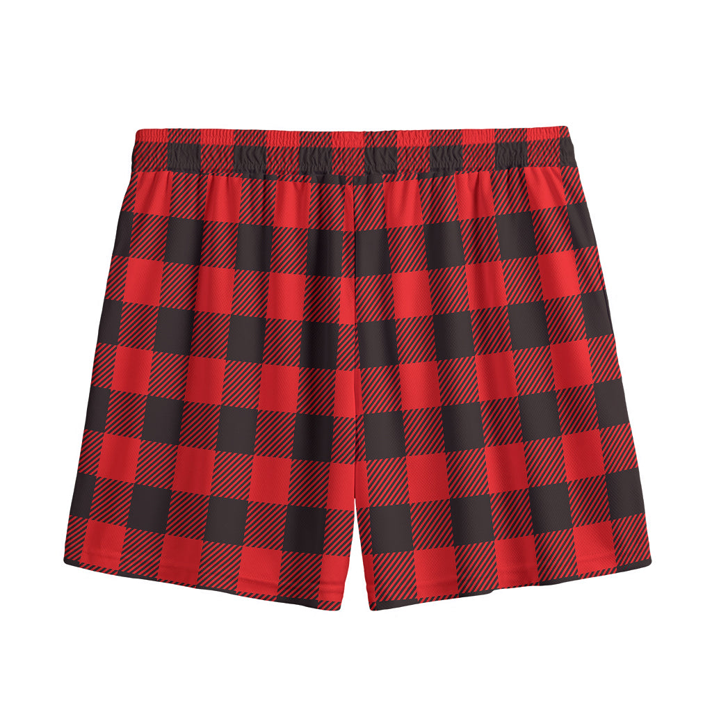 Hot Red Buffalo Plaid Print Mesh Shorts