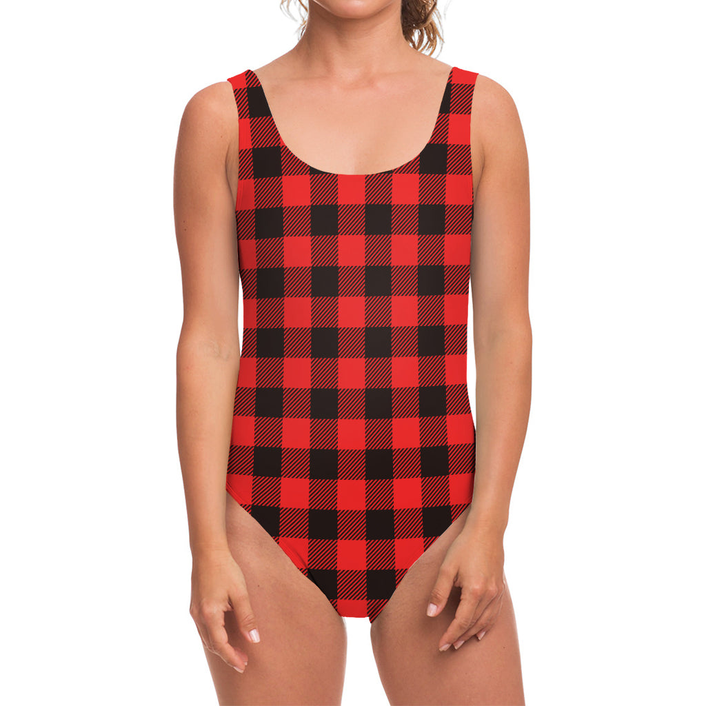 Hot Red Buffalo Plaid Print One Piece Swimsuit
