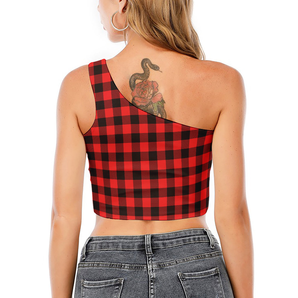 Hot Red Buffalo Plaid Print One Shoulder Crop Top