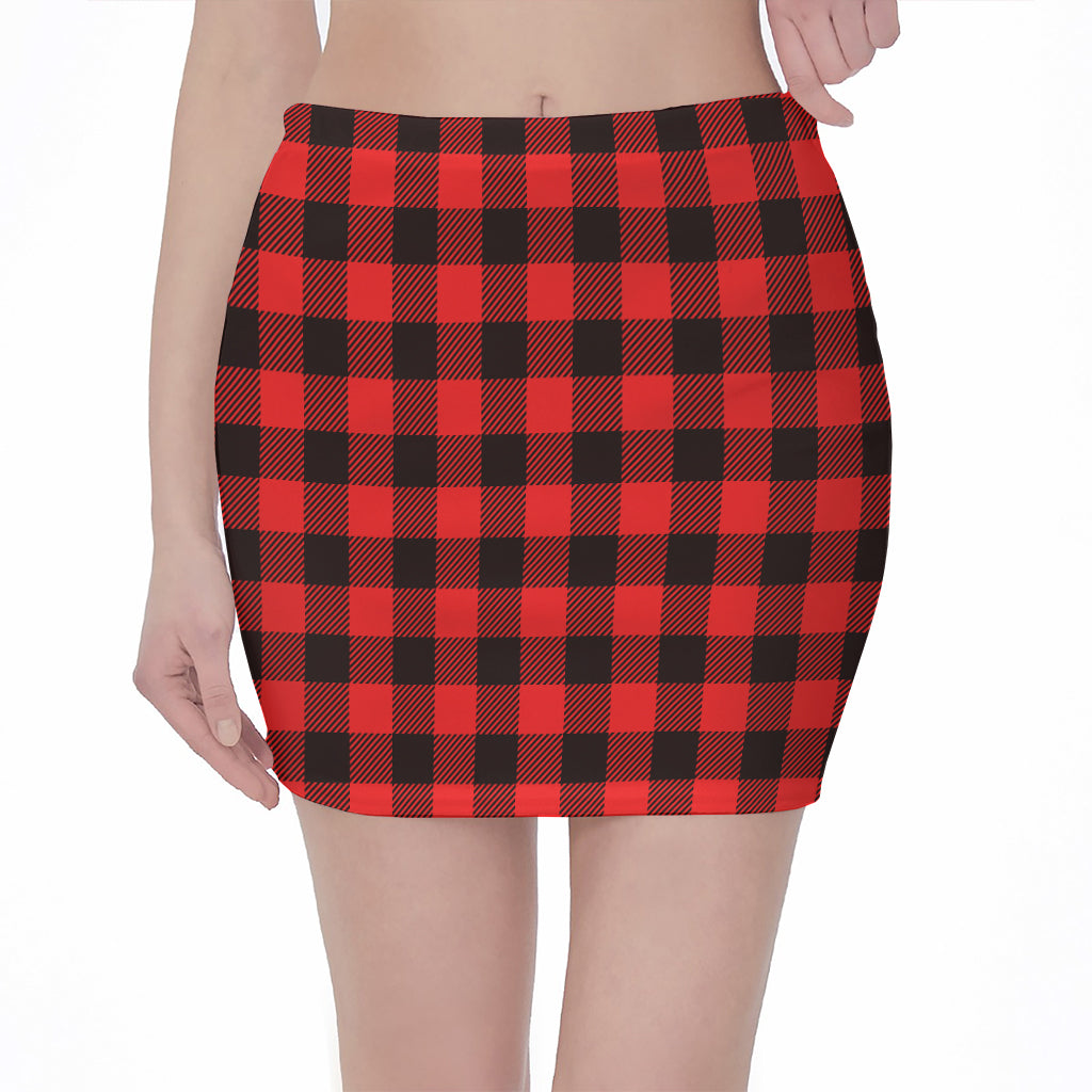 Hot Red Buffalo Plaid Print Pencil Mini Skirt