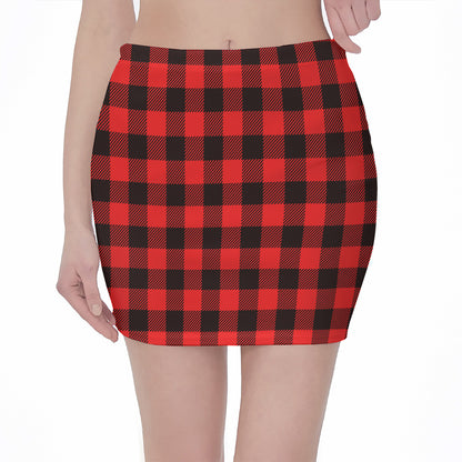 Hot Red Buffalo Plaid Print Pencil Mini Skirt
