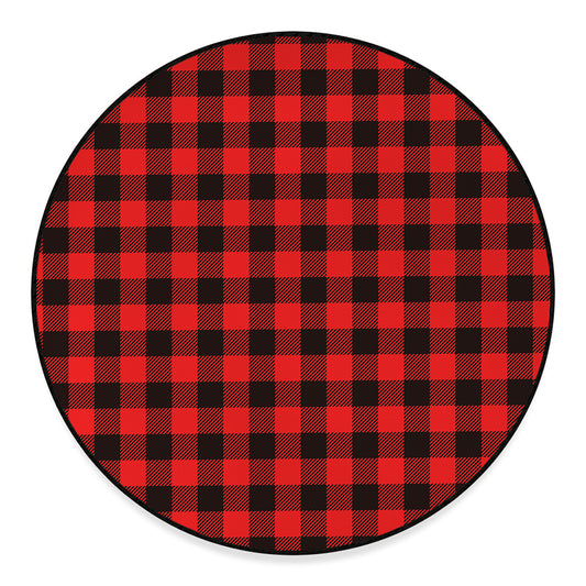 Hot Red Buffalo Plaid Print Round Floor Mat