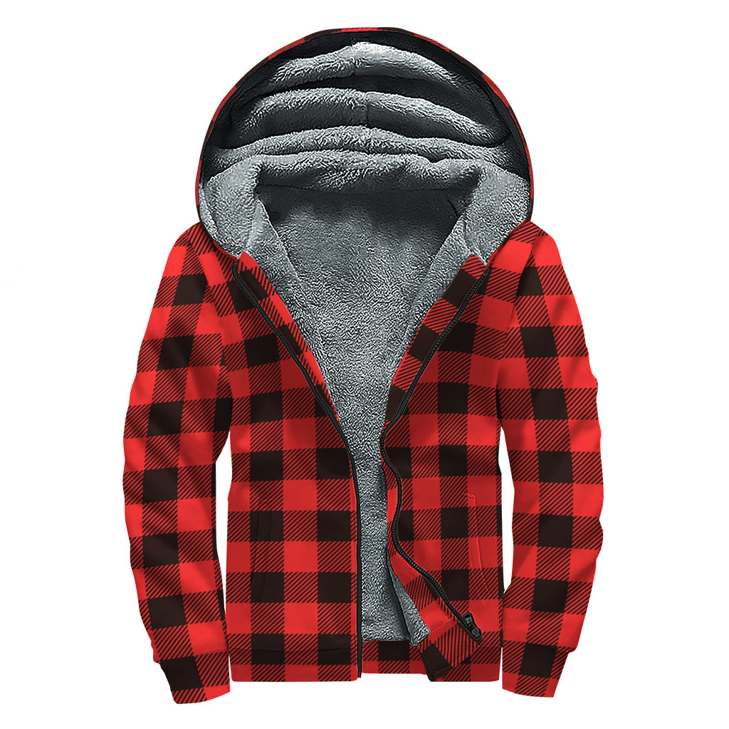 Hot Red Buffalo Plaid Print Sherpa Lined Zip Up Hoodie