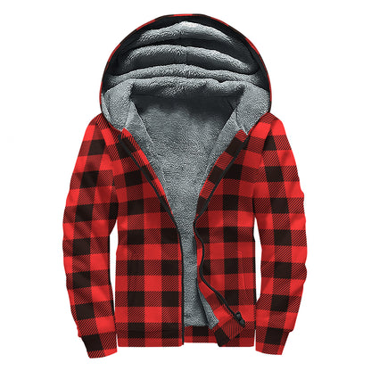 Hot Red Buffalo Plaid Print Sherpa Lined Zip Up Hoodie