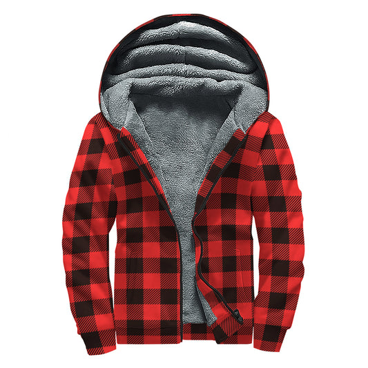 Hot Red Buffalo Plaid Print Sherpa Lined Zip Up Hoodie