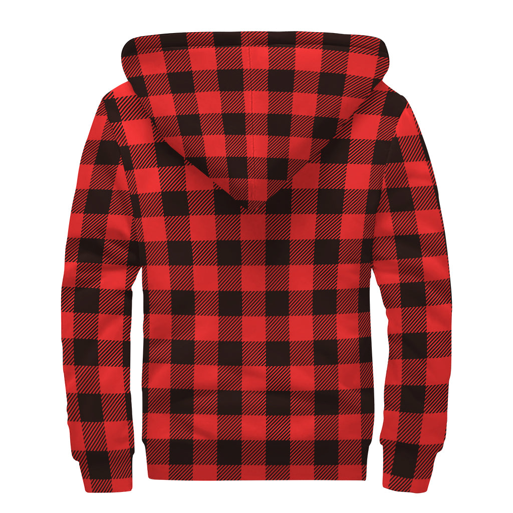 Hot Red Buffalo Plaid Print Sherpa Lined Zip Up Hoodie