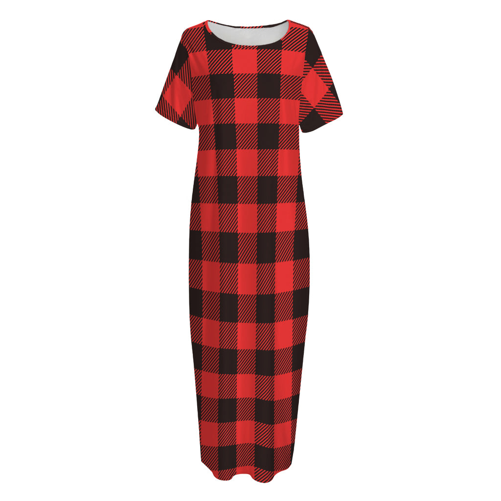 Hot Red Buffalo Plaid Print Short Sleeve Long Nightdress