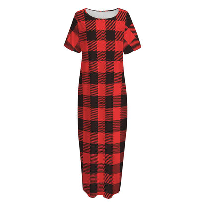 Hot Red Buffalo Plaid Print Short Sleeve Long Nightdress