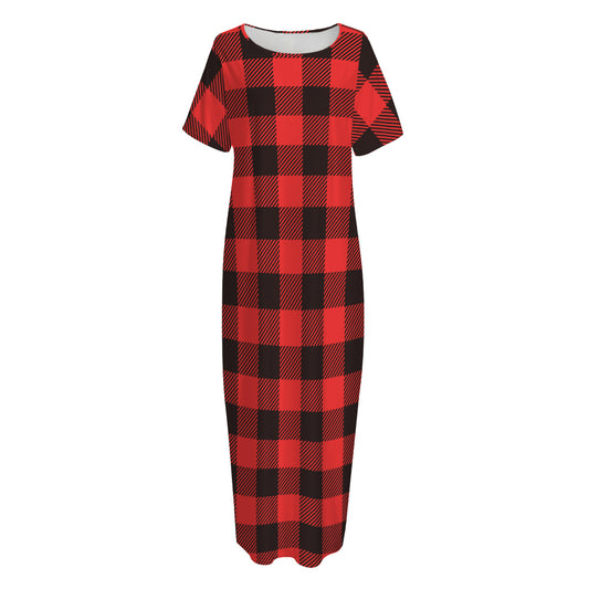 Hot Red Buffalo Plaid Print Short Sleeve Long Nightdress