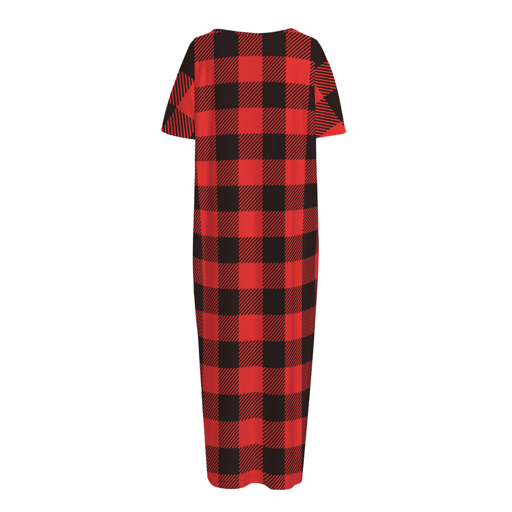 Hot Red Buffalo Plaid Print Short Sleeve Long Nightdress