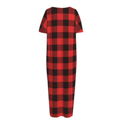Hot Red Buffalo Plaid Print Short Sleeve Long Nightdress