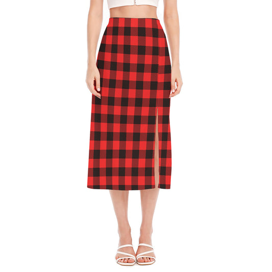 Hot Red Buffalo Plaid Print Side Slit Midi Skirt