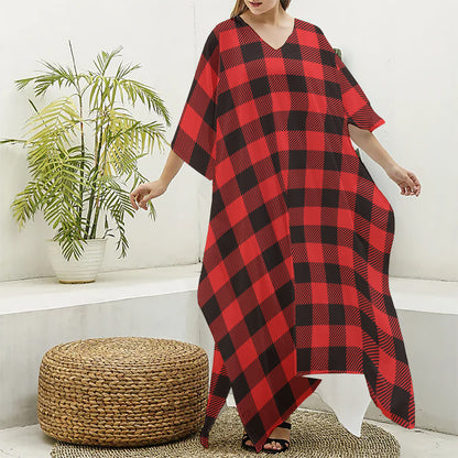Hot Red Buffalo Plaid Print Silk V-Neck Kaftan Dress