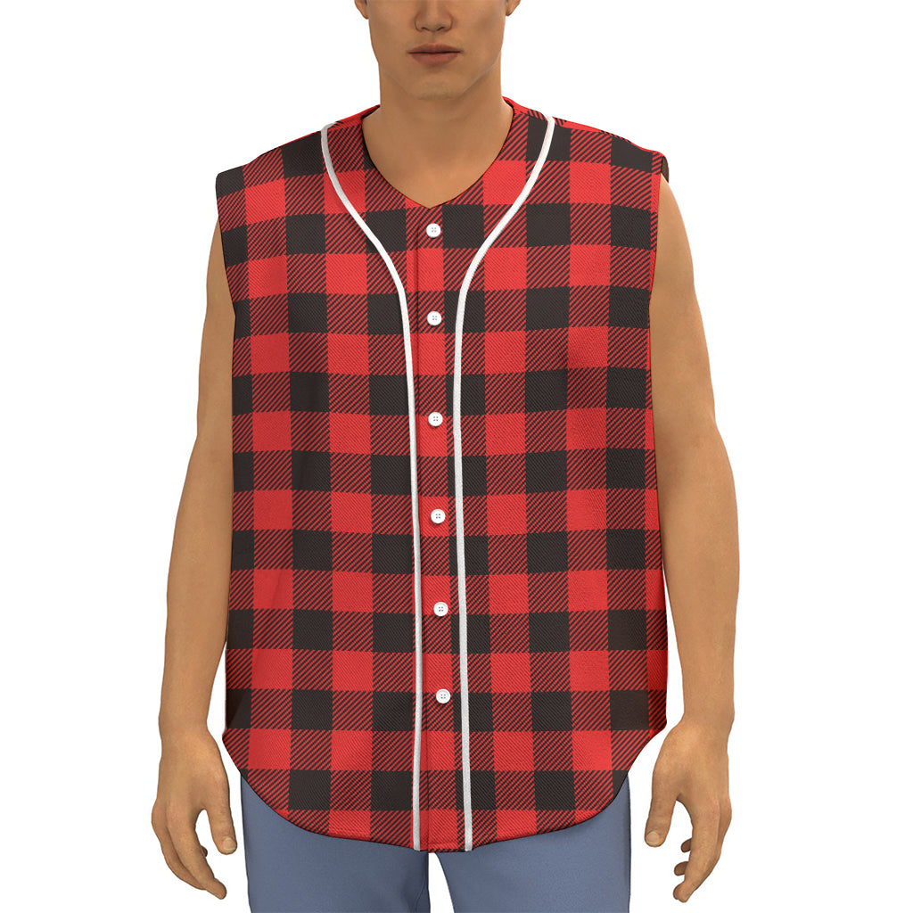 Hot Red Buffalo Plaid Print Sleeveless Baseball Jersey